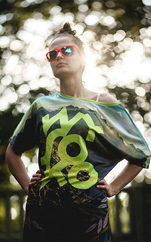 Woman in an oversize tee with bold print